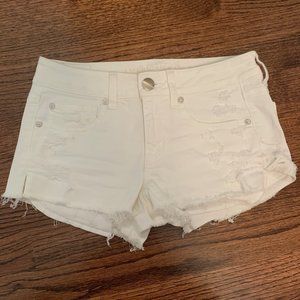 AEO white distressed denim mini shorts